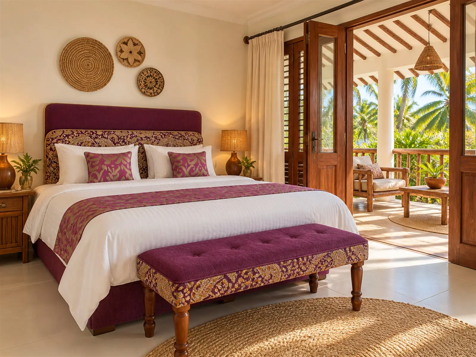 A warm coastal bedroom opening onto a tropical veranda