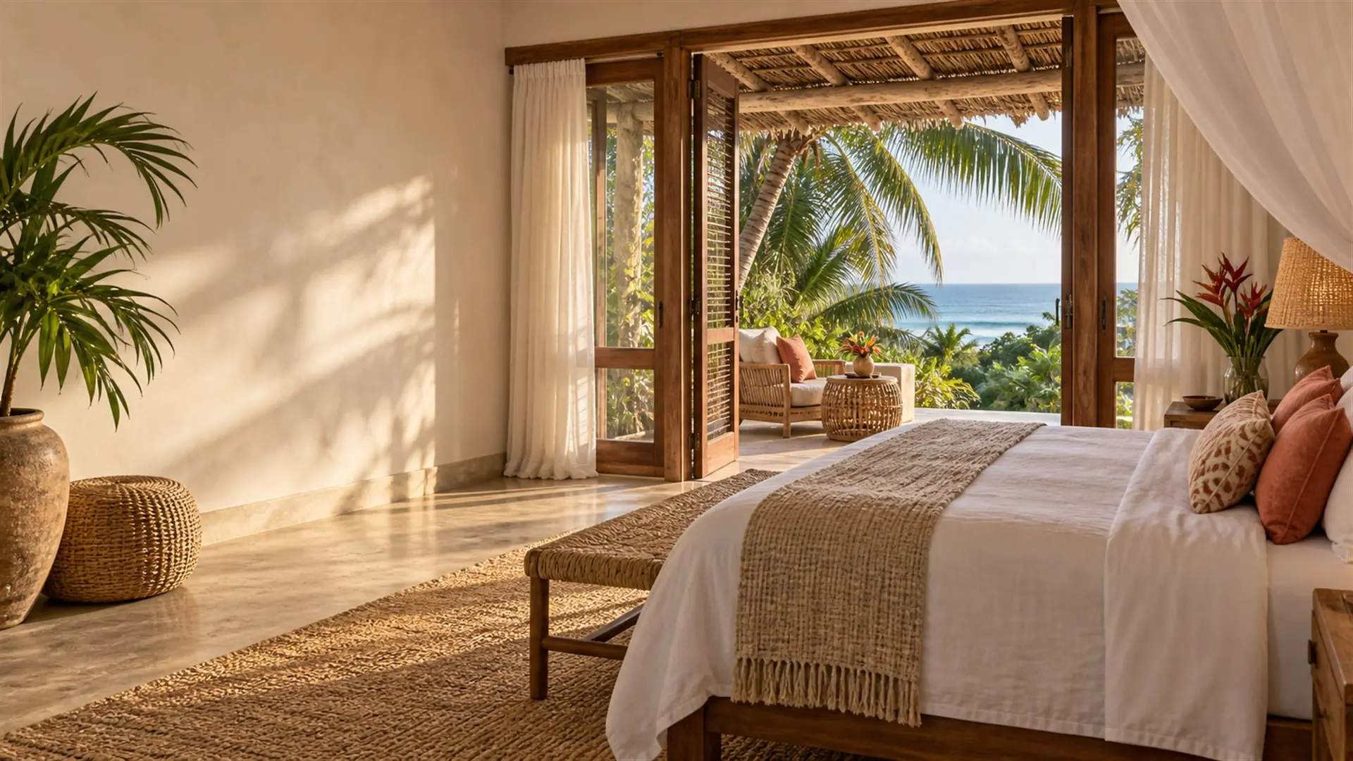 An airy Kenyan coastal bedroom opening onto a palm-framed ocean view