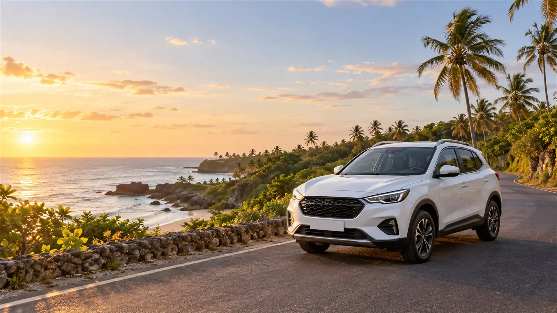 A compact crossover on a palm-lined coastal road