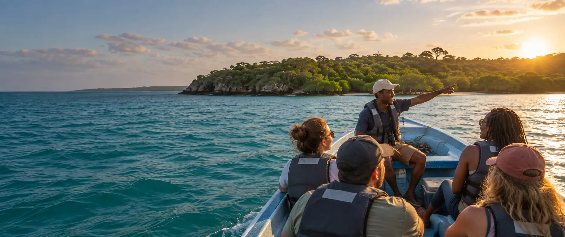 A young local guide showing travellers the Kenyan coastline from a small boat